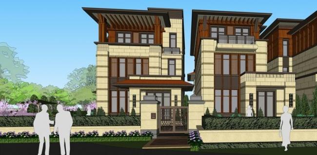 SketchUp Villa Model: English-Style Row Villa with Scenic Water and Landscape Views