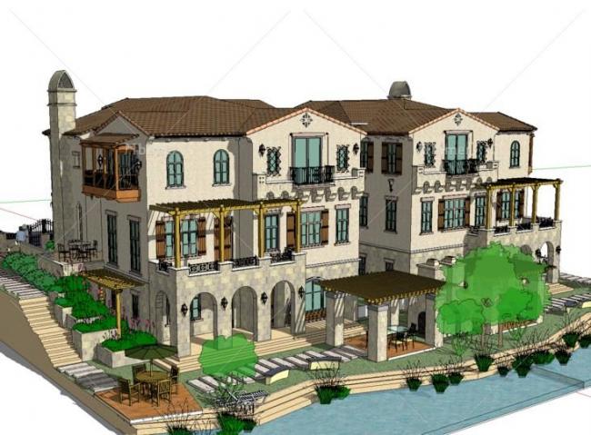 Mediterranean Twin Villa Sketchup Model | Classic Design