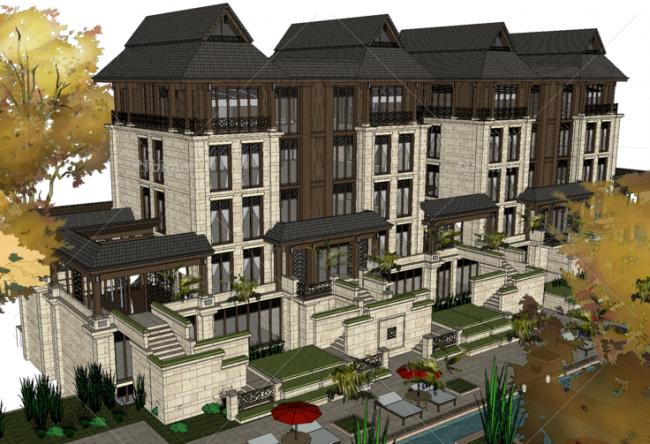 Stacked Southeast Asian Style Multi-Story Villa Model in SketchUp for Vacation Homes