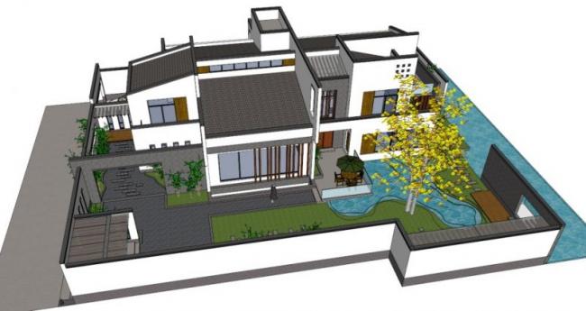 Modern Chinese-Style Single Family Villa with White Walls and Gray Tile Exterior