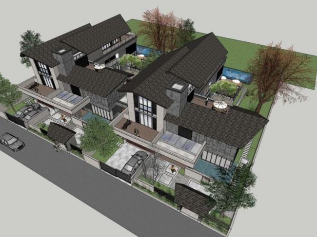Modern Chinese Twin Villa Model in SketchUp