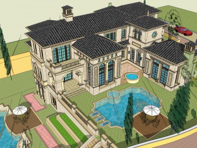 SketchUp Villa Model: Stacked European Classical Style Villa