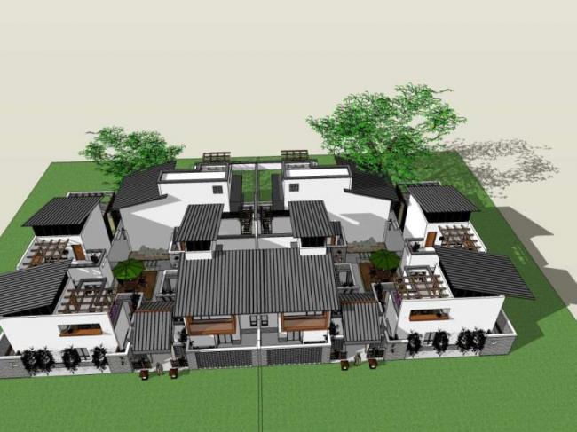 Double Split Villa Sketchup Model | Elegant Chinese-Style Design