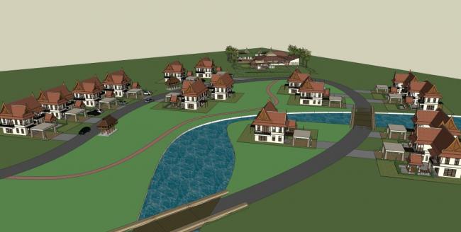 SketchUp Villa Model: Southeast Asian Classical Style Single-Family Villa Cluster