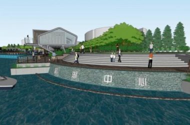 SketchUp Landscape Model: Modern Waterfront Plaza with Dam, Commercial Buildings, and Single-Story Club-BIM WORLD