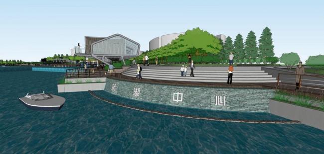 SketchUp Landscape Model: Modern Waterfront Plaza with Dam, Commercial Buildings, and Single-Story Club
