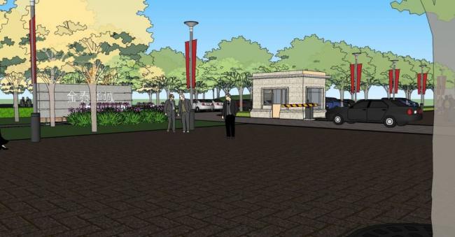 Modern Entrance Landscape Design with Security Room, Parking, and Streetlights in SketchUp