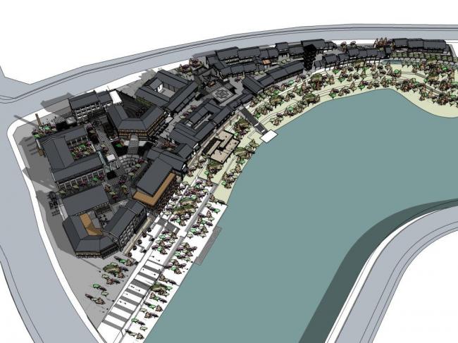 SketchUp Business Model: Multi-Story Commercial Street with Modern Chinese Design