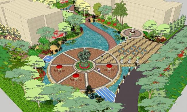 Modern Community Square Landscape Design in SketchUp Model