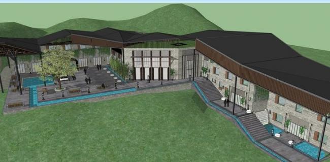 SketchUp Mountain Hotel Model: Landscape Design and Chinese-Inspired Commercial Architecture