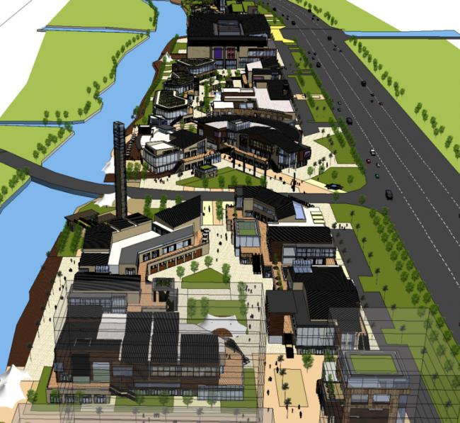 SketchUp Business Model: Modern Riverside Commercial Street Design