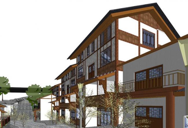SketchUp Hotel Model Featuring Ethnic Stilted Buildings and New Chinese-Style Complexes in Mountainous Areas