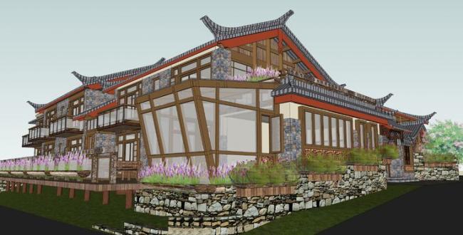 SketchUp Residential Model: Multi-Story Ancient Chinese Grass House Architecture
