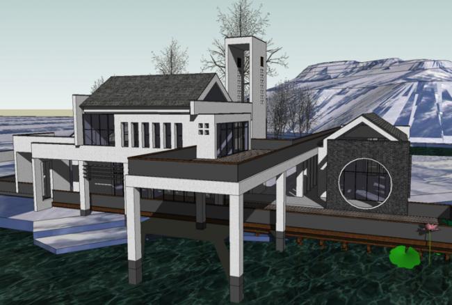 SketchUp Business Model: Clubhouse, Sales Office, and Lakeview Huizhou-Style Design with Chinese Influences