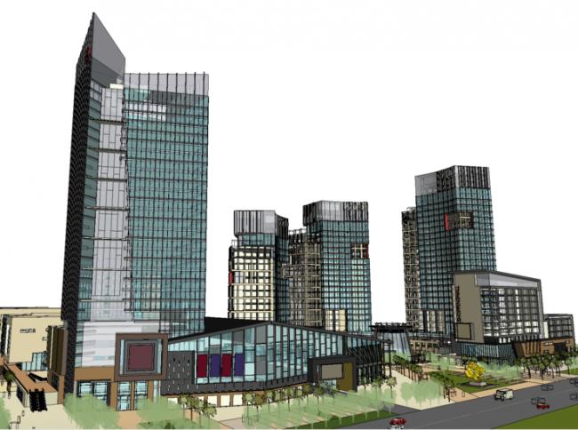 Detailed SketchUp Model of a Large Urban Mixed-Use Complex Featuring High-Rise Offices, Apartments, Pedestrian Streets, and Shopping Centers