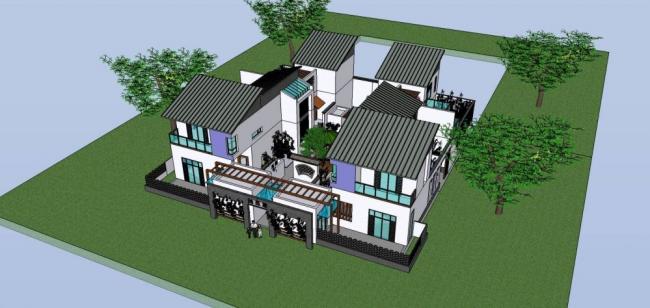 SketchUp Residential Model: Multi-Story Courtyard Building in Modern Chinese Style
