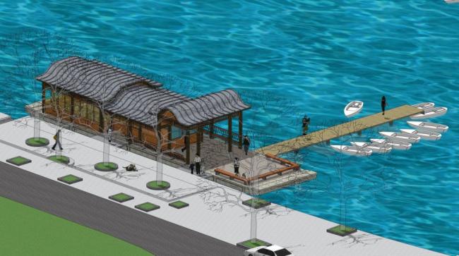 SketchUp Landscape Model: Chinese-Style Township Tourist Area with Cruise Terminal, Pavilion, and Teahouse