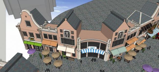 SketchUp Business Model: Multi-Story European-Style Commercial Street, Facade, and Shopping Mall Design