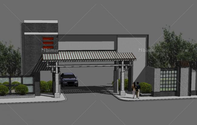 SketchUp Material Model: Traditional Chinese-Style Gate for Residential Areas