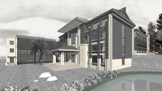 Multi-Story Office Building Model in SketchUp | Commercial Space with Chinese-Style Landscape and Water Features