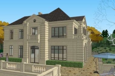 SketchUp Business Model: Multi-Story Sales Office with French-Style Commercial Building and Mountain Landscape Design-BIM WORLD