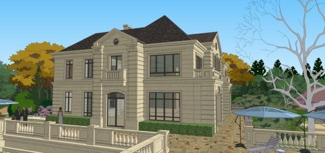 SketchUp Business Model: Multi-Story Sales Office with French-Style Commercial Building and Mountain Landscape Design