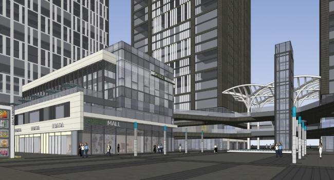 Modern High-Rise Office Building with Ground-Floor Commercial Podium in SketchUp Model
