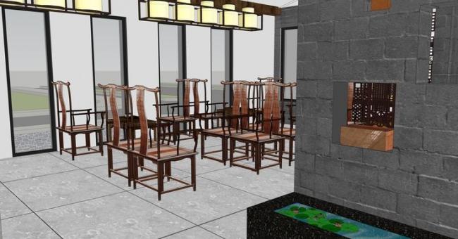SketchUp Business Models: Restaurant, Commercial Building, Huizhou-Style Courtyard, and Landscape Designs