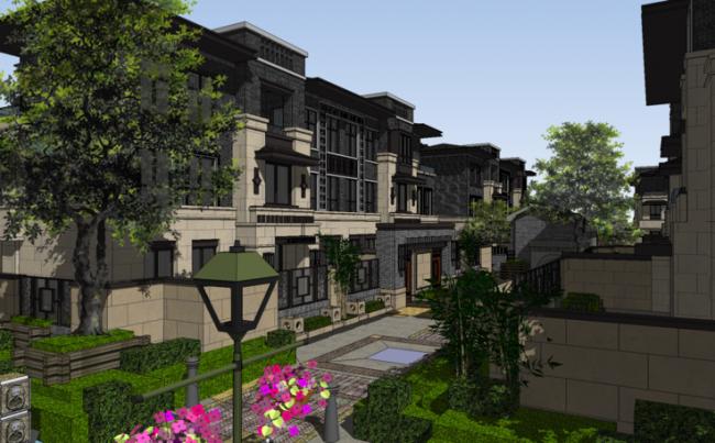 SketchUp Residential Design: Multi-Story Chinese-Style Community with Water Features, Courtyards, and Villas