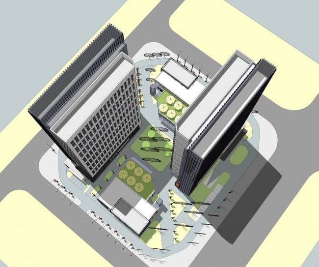 SketchUp Complex Model: Modern High-Rise Commercial, Hotel, Office, and Public Square Building
