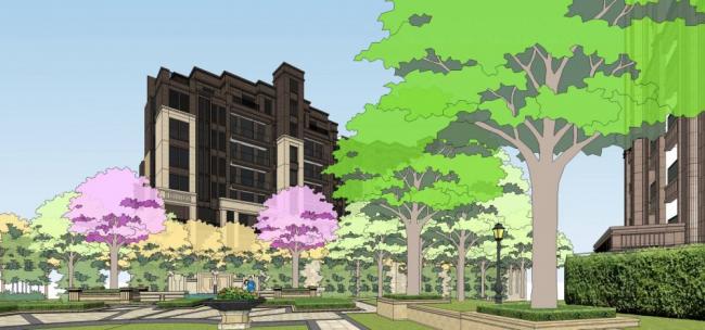 SketchUp Residential Model: Neoclassical High-Rise with Community Entrance, Landscape, and Commercial Podium