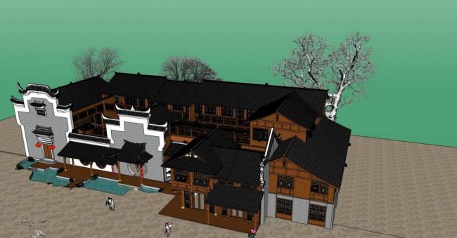 SketchUp Business Model: Multi-Story Chinese-Style Clubhouse and Commercial Building