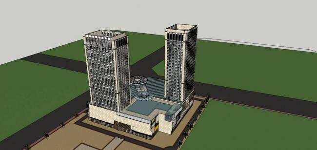 SketchUp Complex Model: Modern High-Rise Commercial Center with Hotel, Offices, and Shopping Mall