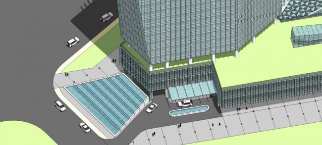SketchUp Complex Model: Ultra-High-Rise Commercial Tower with Office, Hotel, and Modern Retail Podium