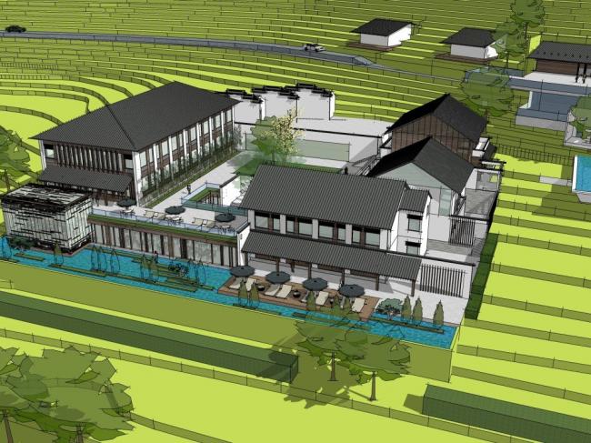 SketchUp Hotel Model Featuring Homestay, New Chinese Style, Residential, Commercial, and Entertainment Facilities