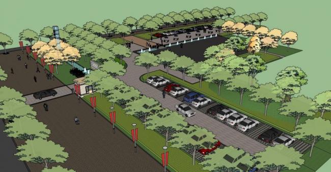 Modern Single-Story Urban Landscape Model with Entrance, Parking, Security Room, and Street Lighting in SketchUp