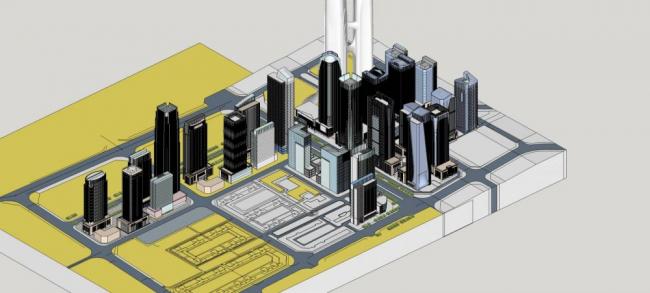 SketchUp Complex Model: High-Rise Financial Center with Offices, Hotel, Mall, Transit Hub, and Public Spaces