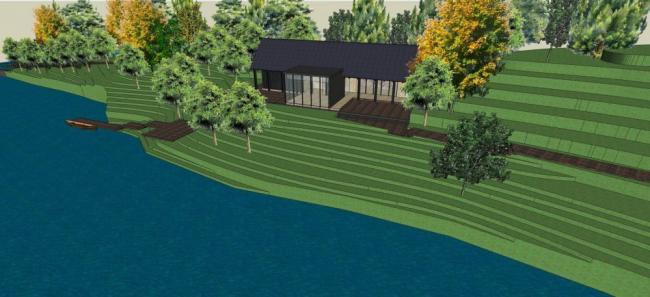 SketchUp Landscape Model: Lakeside Park with Dam in Urban Chinese-Style Single-Story Design