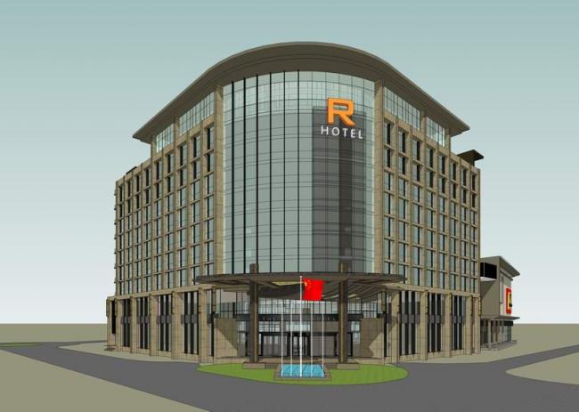 Modern L-Shaped Hotel Model with Commercial Podium and Street-Level Retail in SketchUp