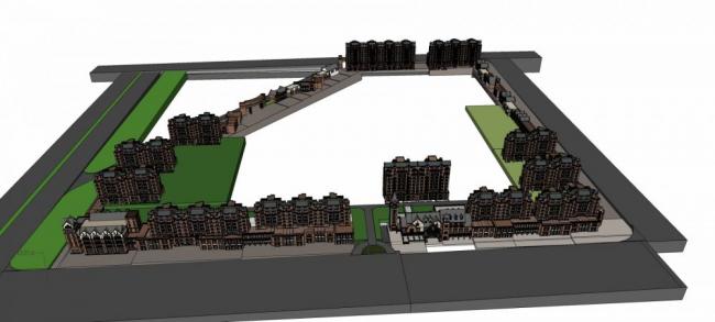 SketchUp Model of a Multi-Story Residential Community with English-Style Buildings, Sloping Roofs, and Commercial Podium