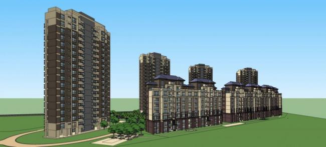 SketchUp Residential Model: Modern High-Rise Community with Entrance Landscape and Pavilion