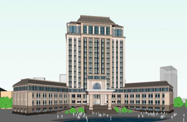SketchUp Hotel Model: V-Shaped High-Rise with French Classical Design