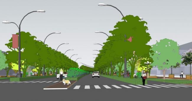 SketchUp Landscape Model: Street Scenes with Pedestrian Walkways, Roadside Greenery, and Street Lamps