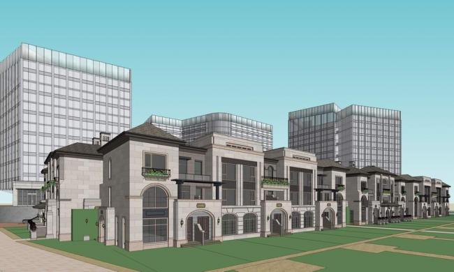SketchUp Business Model: Neoclassical Commercial Street and Multi-Story Office Building Design