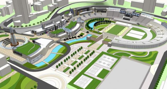 SketchUp Business Model: Commercial Square, Retail Street, Sports Park, and Modern Design