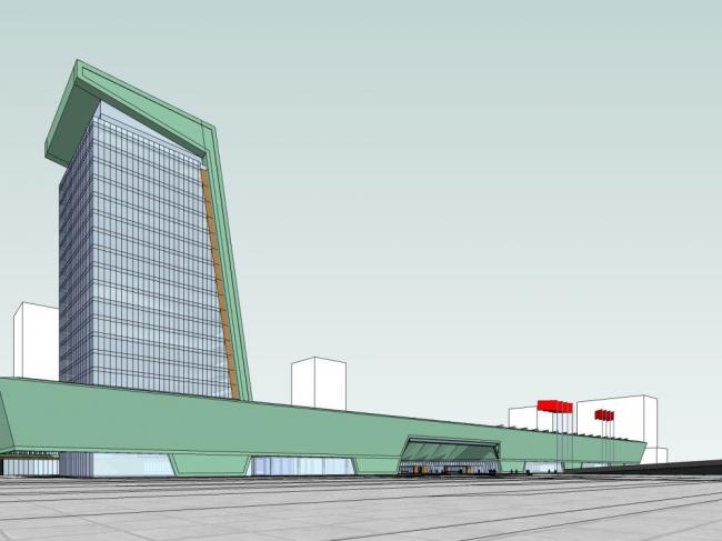 SketchUp Cultural Model: Modern Multi-Story Mixed-Use High-Rise with Exhibition Center and Offices