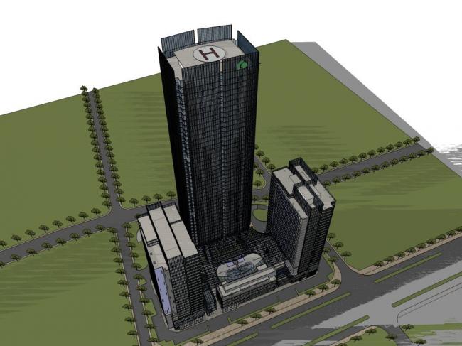 Modern Super High-Rise Office Building with Commercial Podium in SketchUp Model