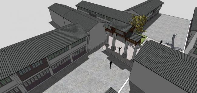SketchUp Business Model: Multi-Storey Commercial Street with Chinese-Style Memorial Archway