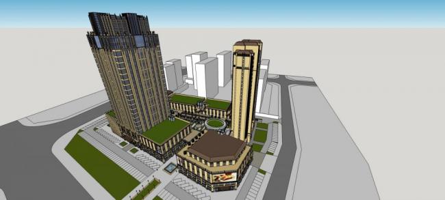 SketchUp Complex Model: Neoclassical High-Rise Hotel, Office, Apartment, Bank, and Multi-Story Commercial & Residential Buildings