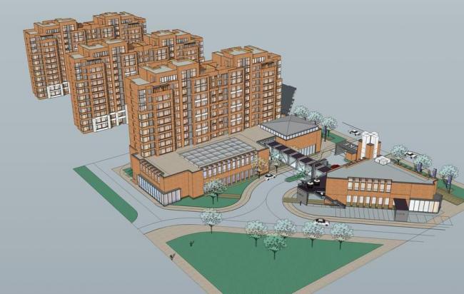 Modern Multi-Story Residential Building with Red Brick and Integrated Commercial Spaces in SketchUp